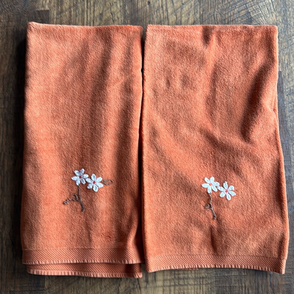 Zodiac | Vintage Embroidered Flowers Bath Towels Brown Set Of Two MCM